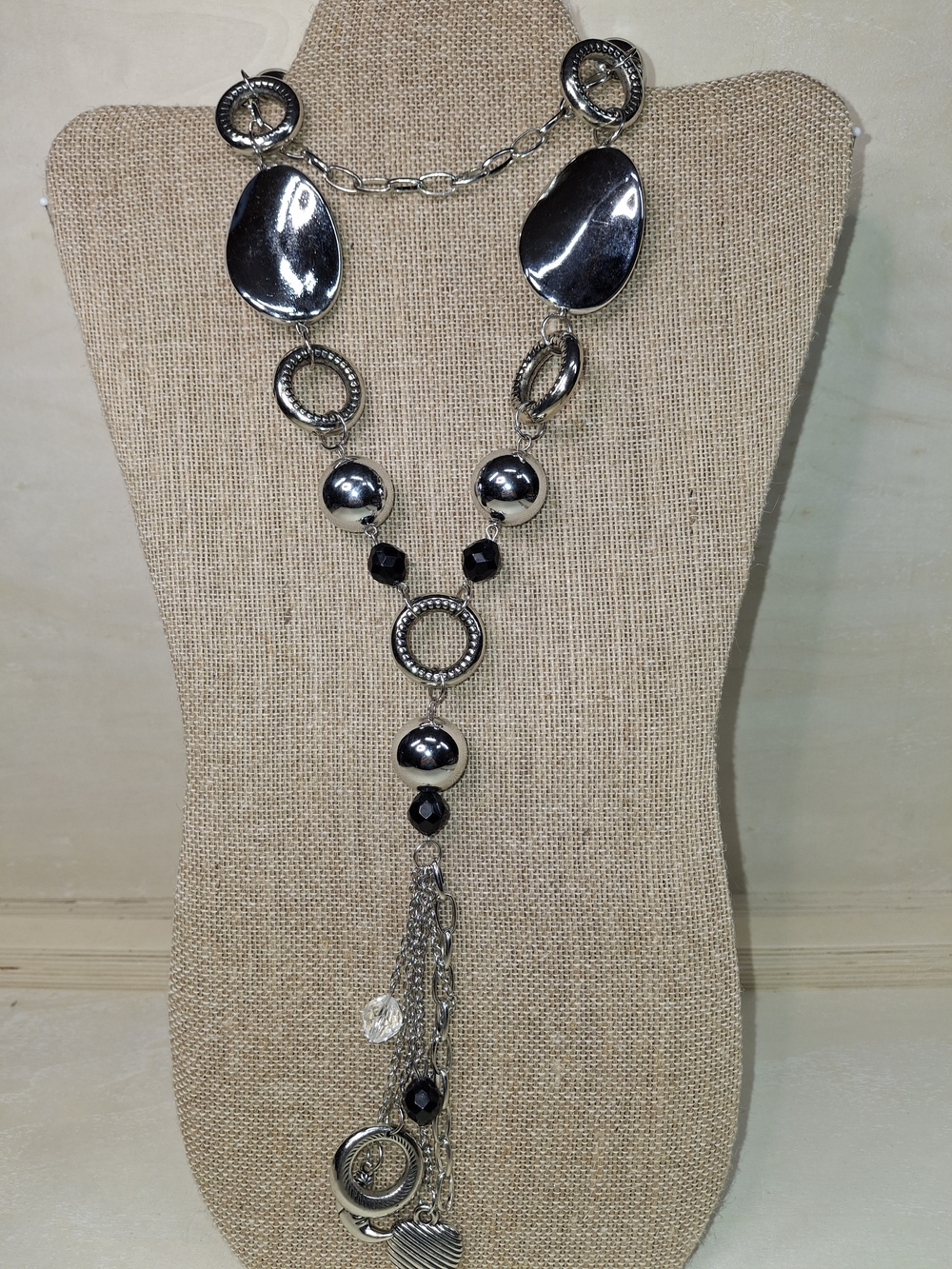 Silver and Black Long Pendant Necklace for Women